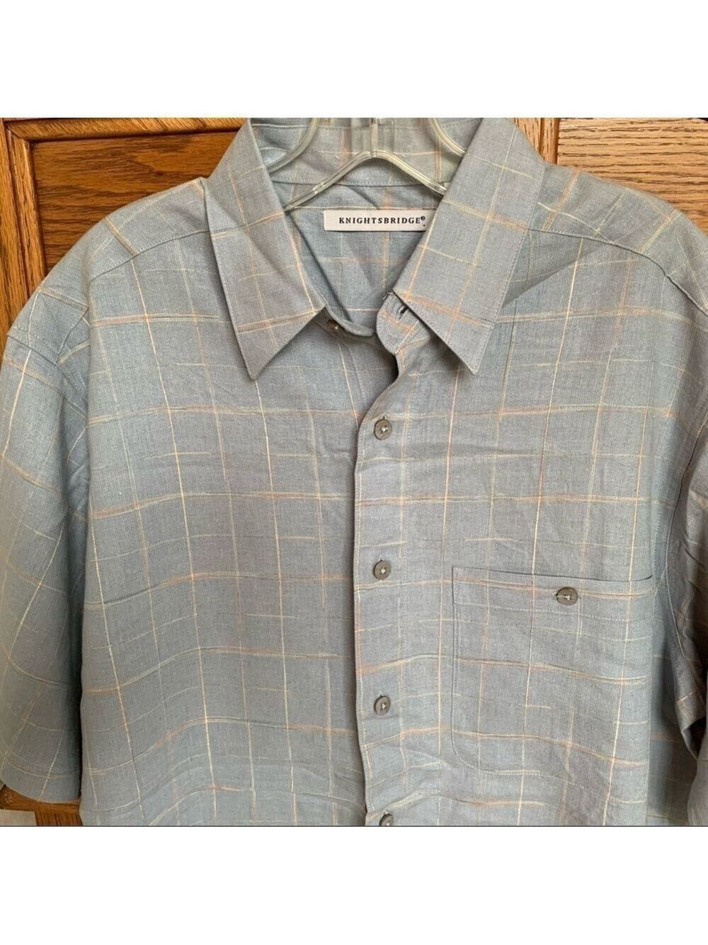 KNIGHTSBRIDGE windowpane stripe short sleeve button down linen casual camp shirt